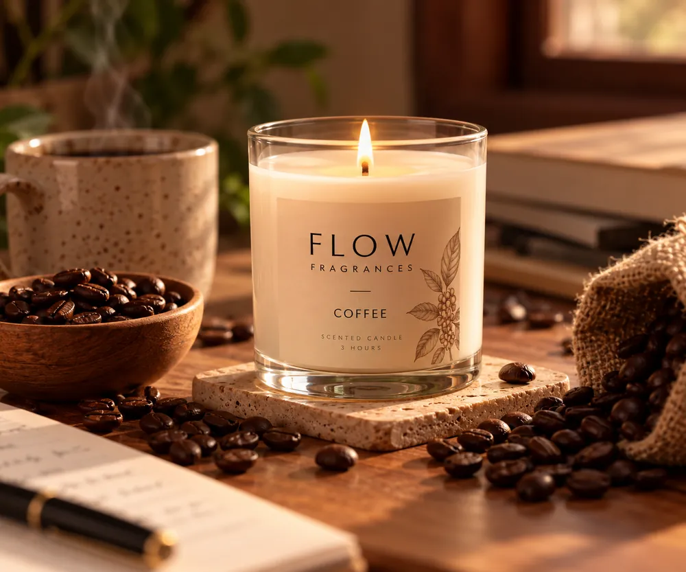 FLOW Coffee candle, lit, surrounded by coffee beans and a notebook.