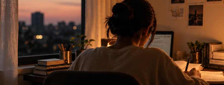A student writing at a desk by a window at dusk, a lit FLOW candle beside her books.