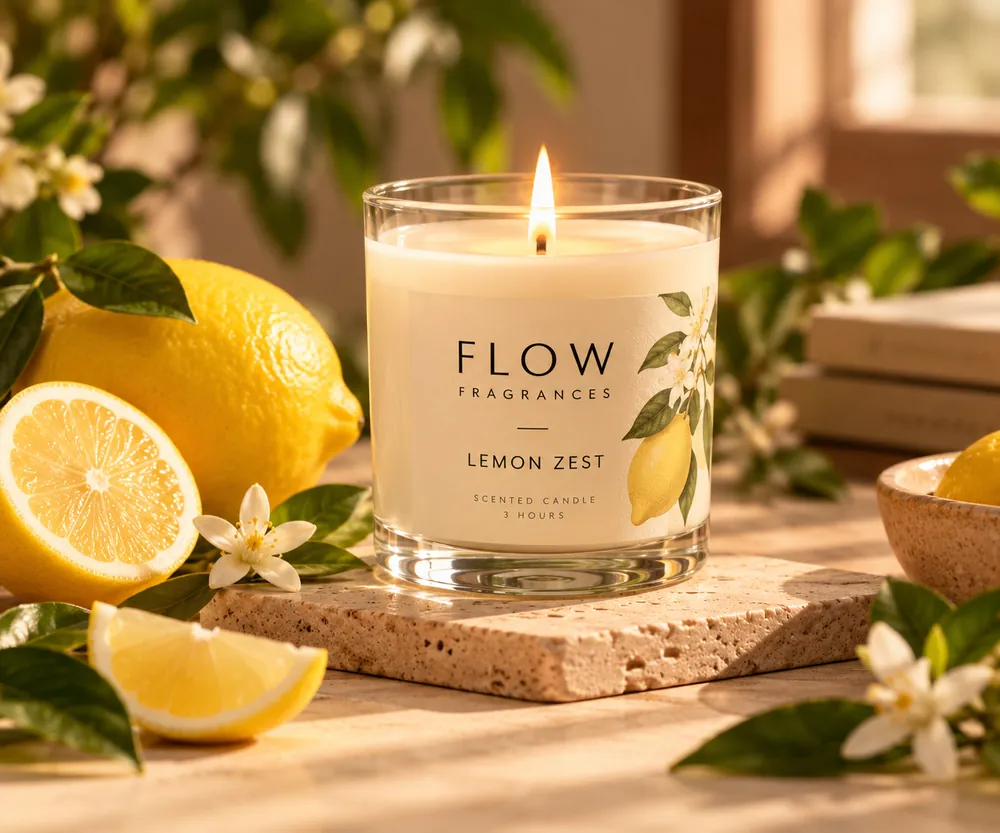 FLOW Lemon Zest candle, lit, among fresh lemons and white blossoms.