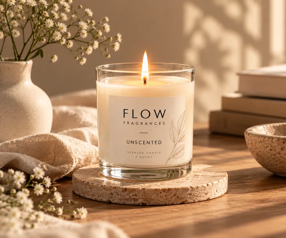 FLOW Unscented candle, lit, on a stone coaster beside small white flowers.